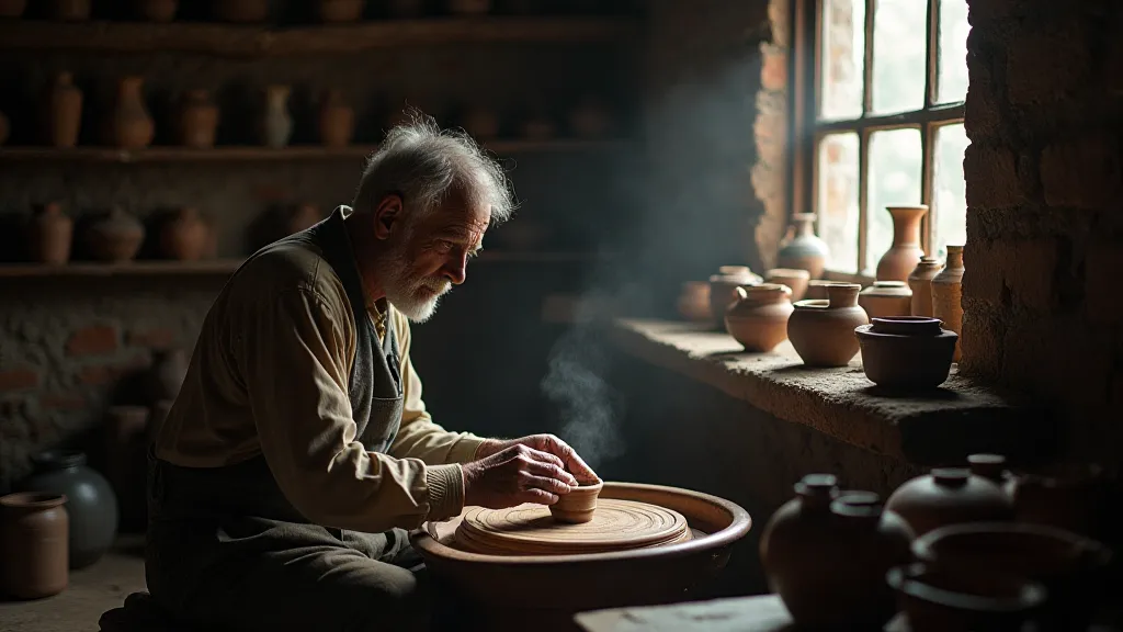 Silas at his pottery wheel in Appalachia