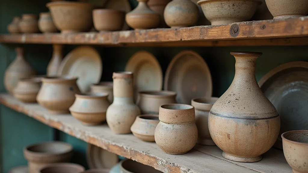Handcrafted ceramic pieces on a wooden shelf.