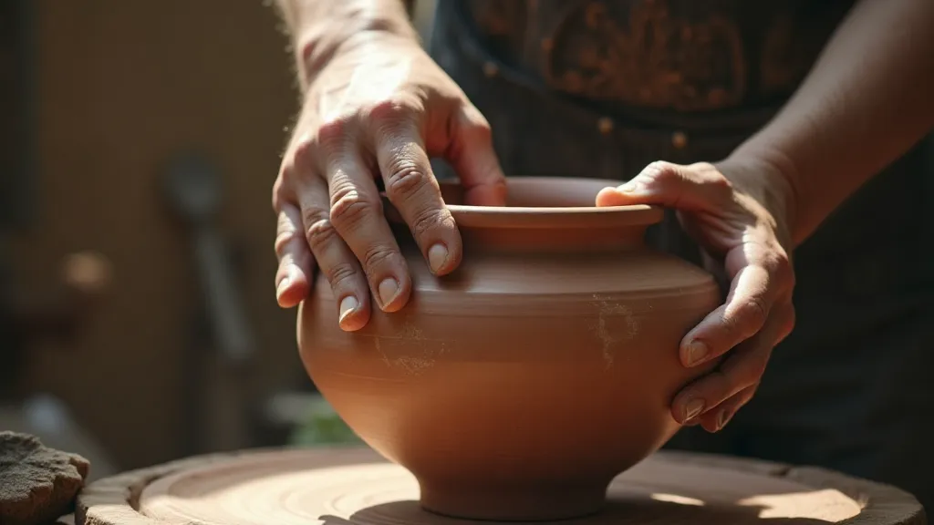 Elderly potter’s hand touching a clay pot.