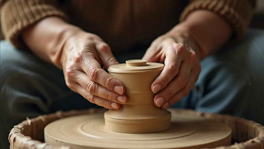 Elderly woman working clay on a pottery wheel