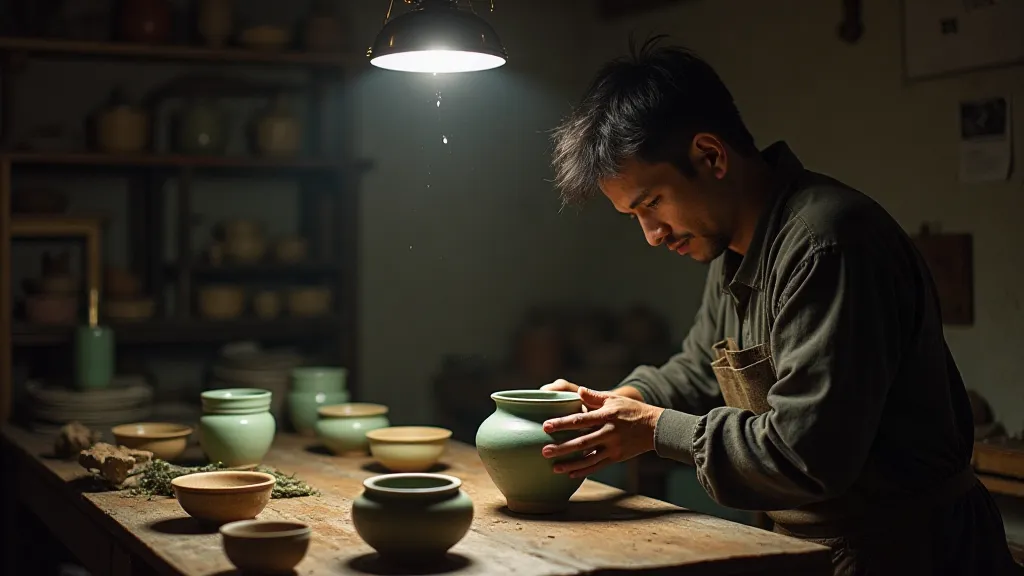 A potter inspecting a Korean celadon vessel