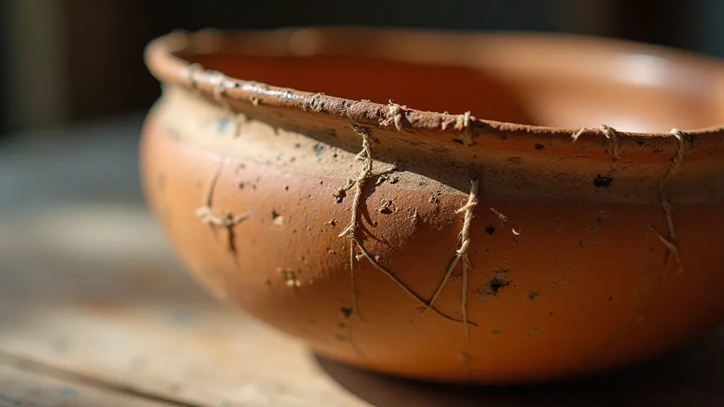 Medieval pottery bowl with visible repairs