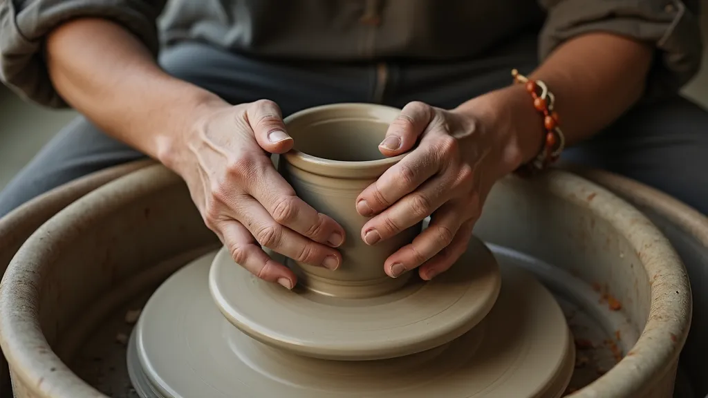 Potter working clay on a pottery wheel