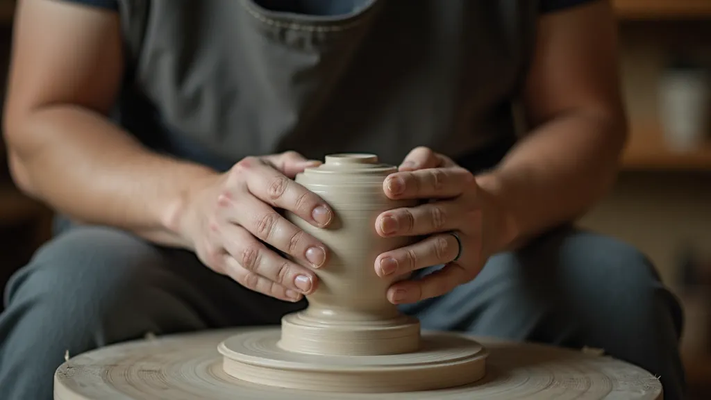 Potter's hands shaping clay on a wheel