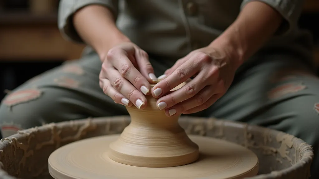 Potter's hands shaping clay on a wheel