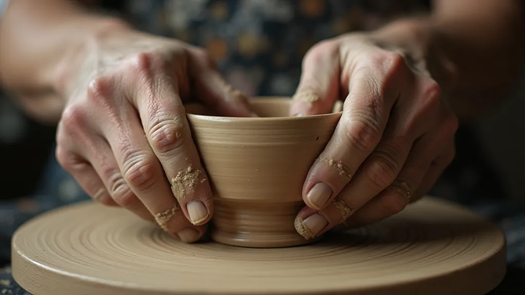 Potter's hands shaping clay on a wheel
