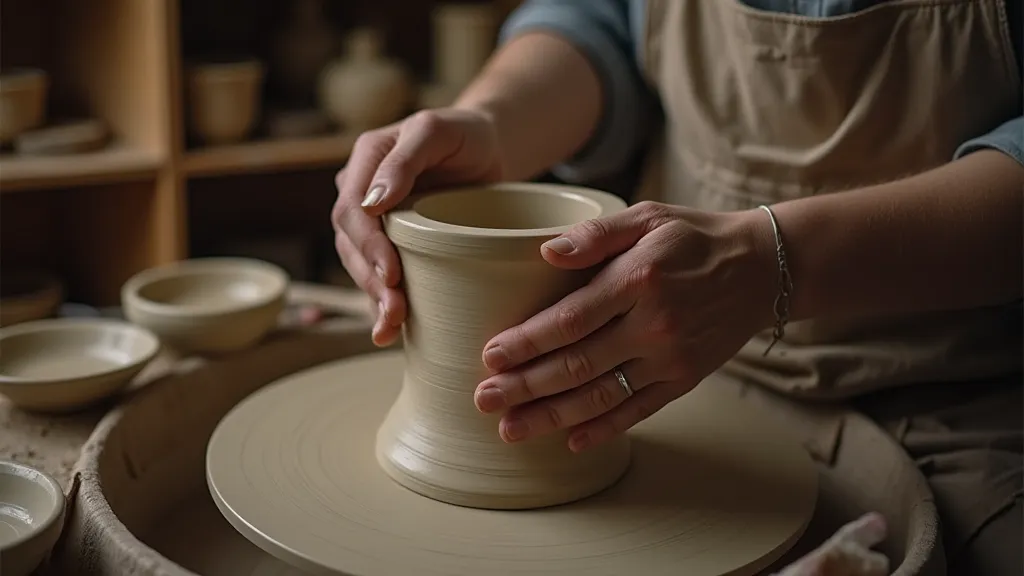 Potter shaping clay on a pottery wheel.