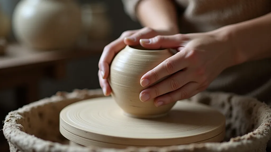 Potter shaping clay on a pottery wheel