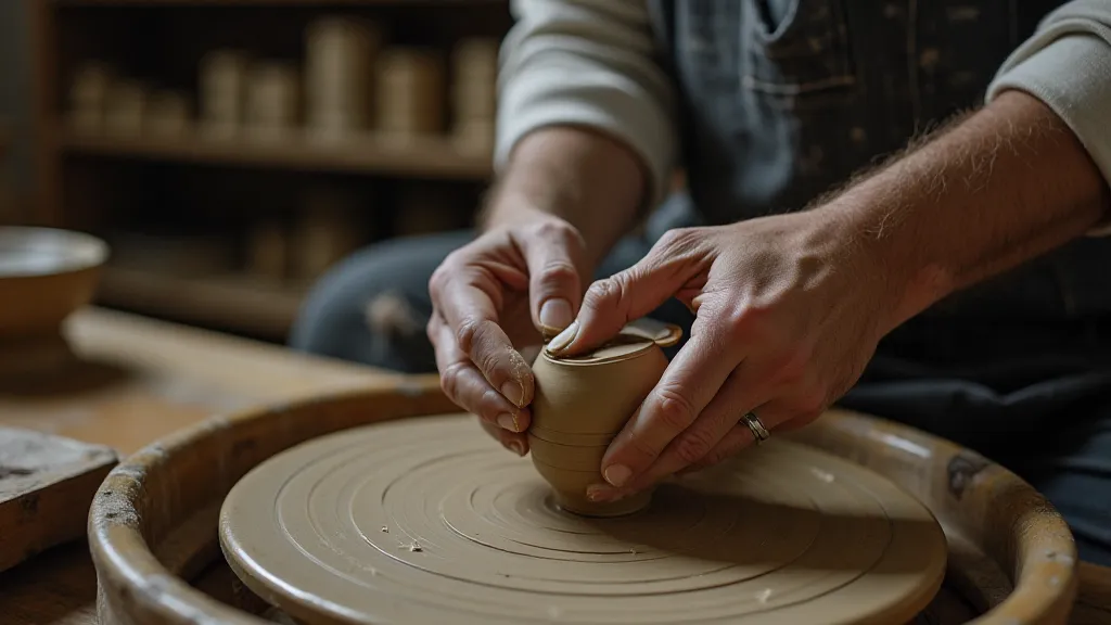 Potter's hands shaping clay on a wheel