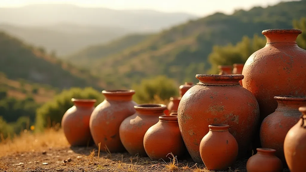 Weathered terracotta pots on a Tuscan hillside
